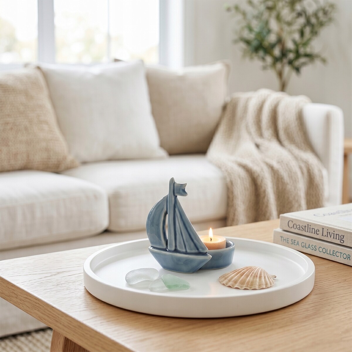 ŚWIECZNIK NA TEALIGHT CERAMICZNY ŁÓDKA MARYNISTYKA DEKORACJA DO DOMU SALONU