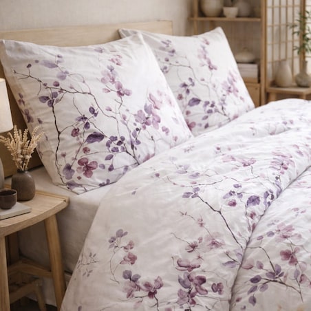 Pościel bawełniana Sakura 160x200 cm biała fioletowa
