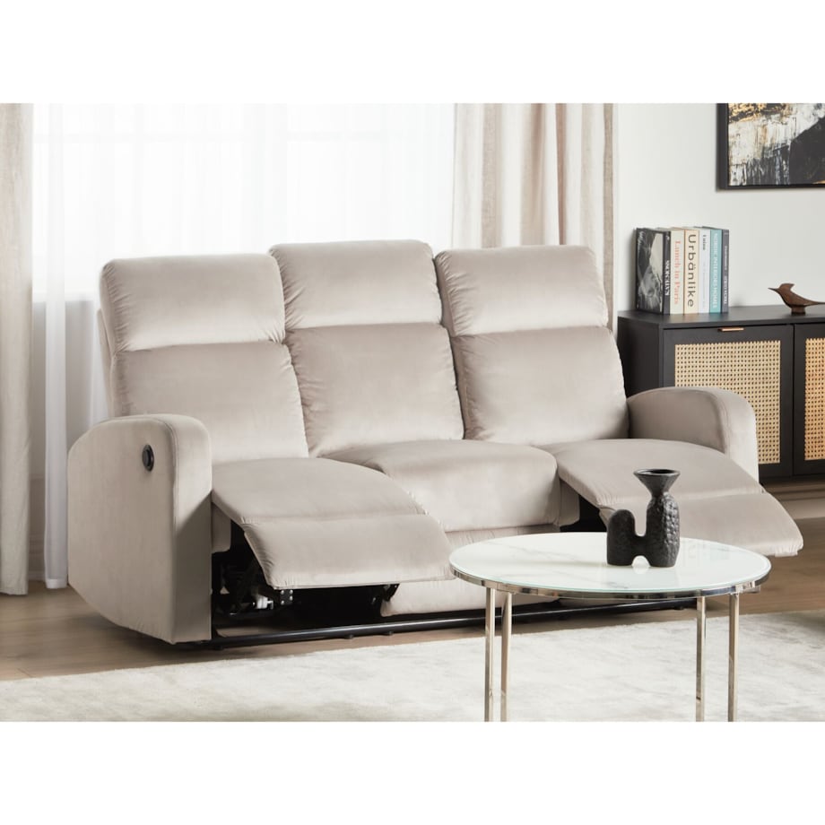 Sofa z elektryczną funkcją relaksu VERDAL Welur Beżowoszary dla 3 osób