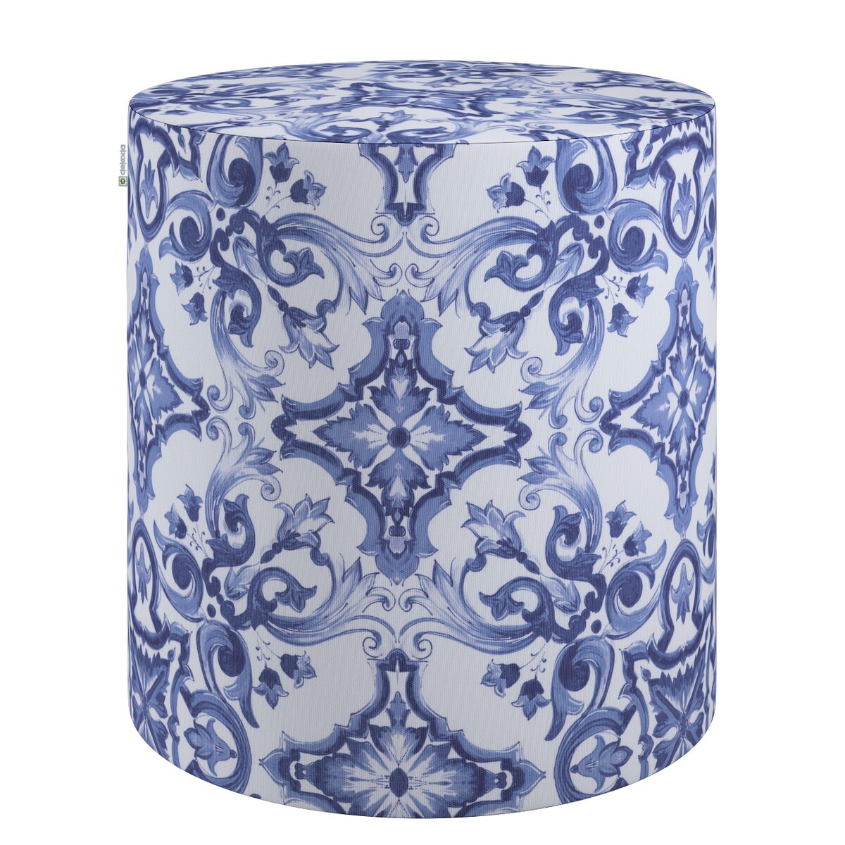Puf Barrel, niebieskie wzory na białym tle, ø40, wys. 40 cm, Aria