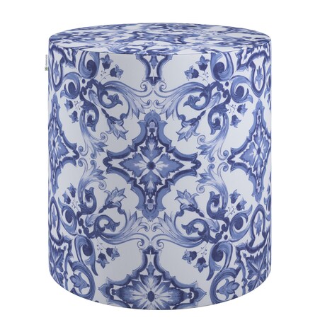 Puf Barrel, niebieskie wzory na białym tle, ø40, wys. 40 cm, Aria