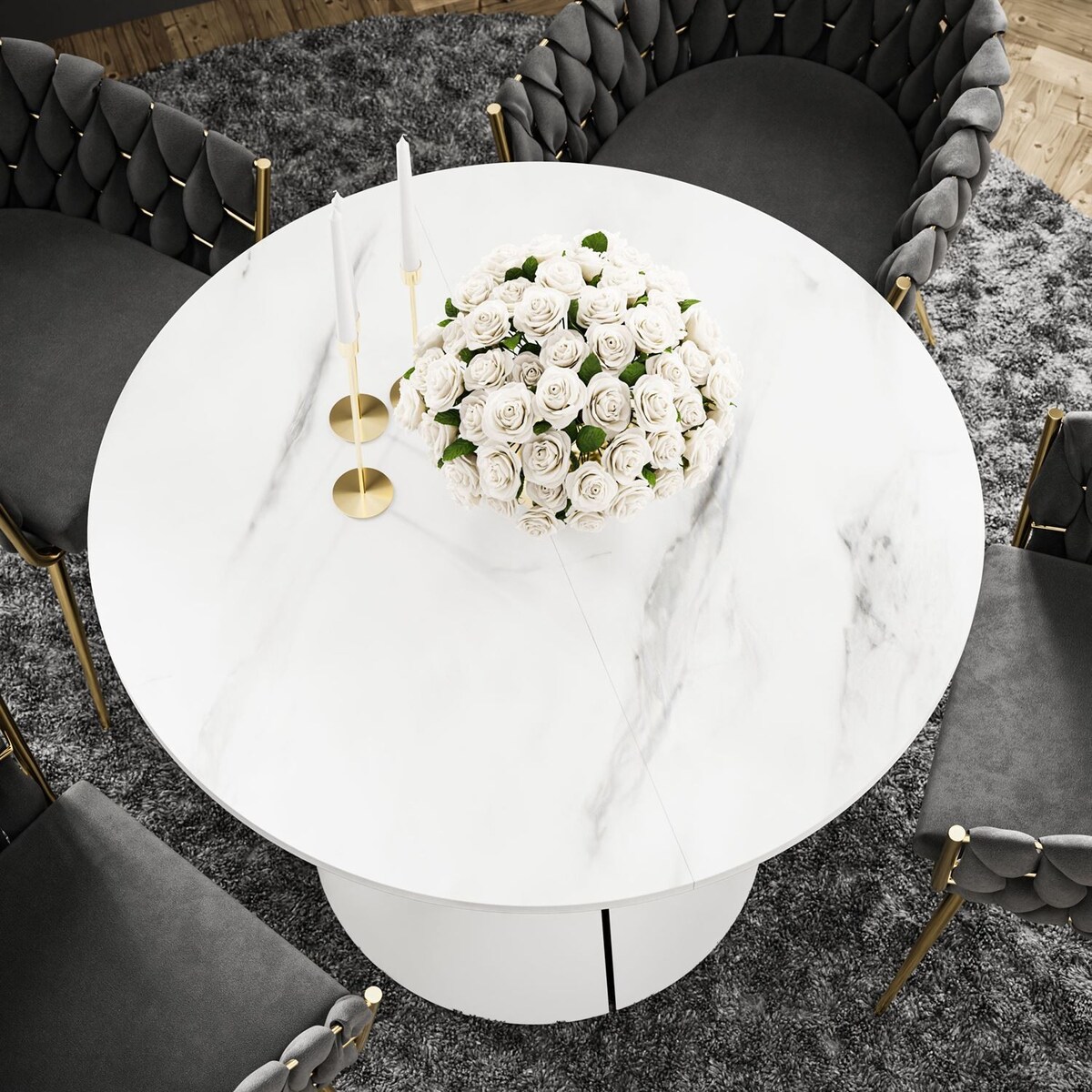 Okrągły stół rozkładany LAVA, średnica 100cm, biały / Marmur Bianco