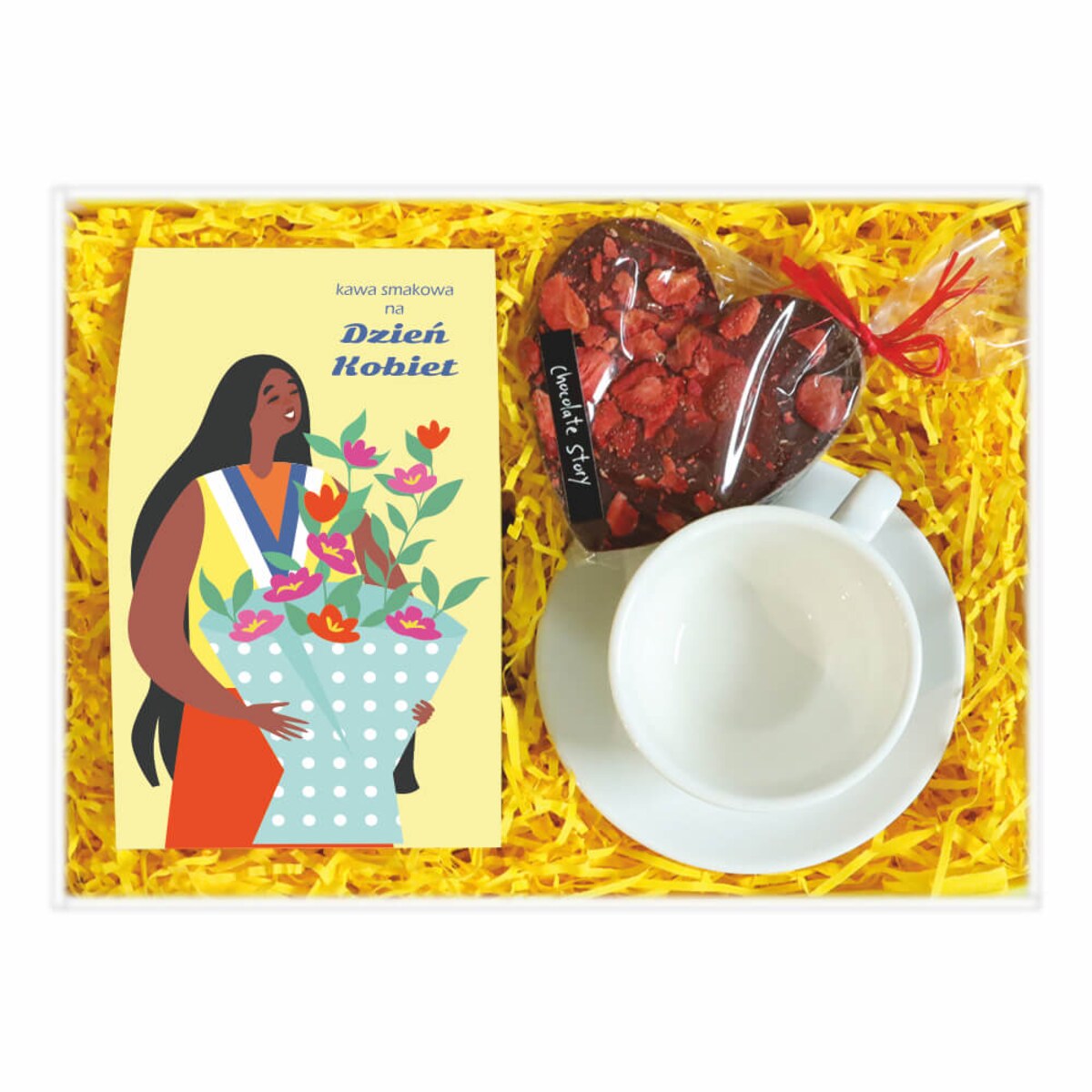Zestaw prezentowy dla Niej. Box z kawą na Dzień Kobiet na prezent upominek. Zestaw 10 mielonych kaw smakowych, elegancka biała filiżanka ze spodkiem i czekoladowe serce z truskawkami