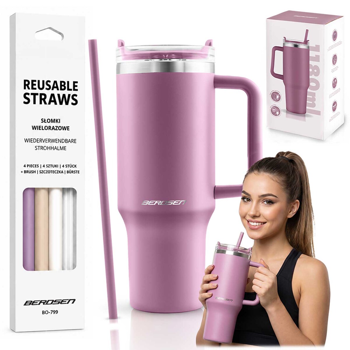 Kubek termiczny Berdsen różowy 1180ml stal nierdzewna zimne ciepłe napoje + zestaw słomek