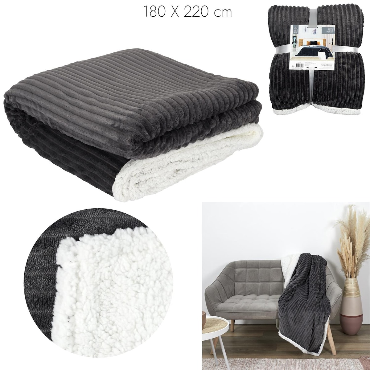 Koc Sherpa Intesi ciepły i miękki szary 180x220 na łóżko i kanapę do salonu