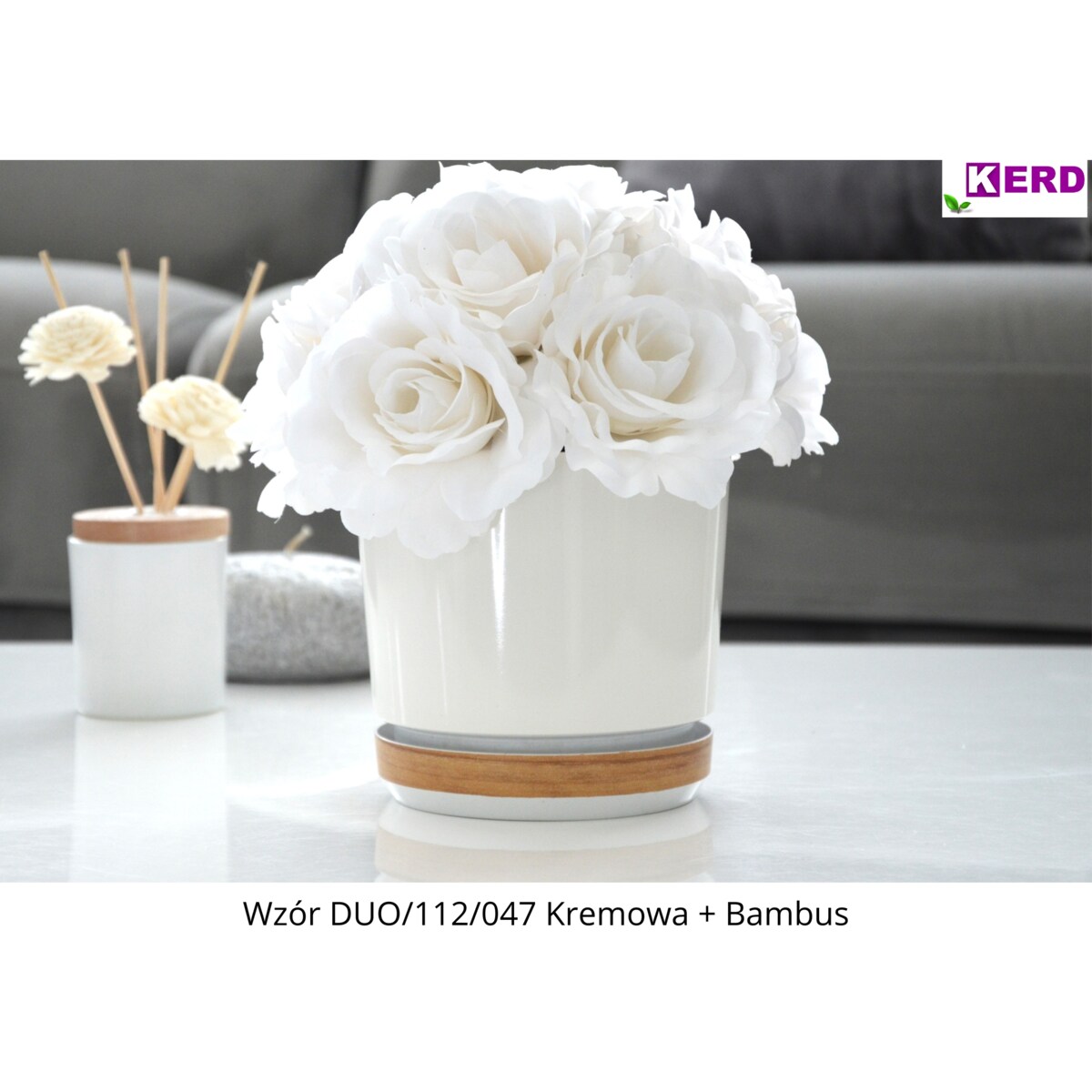 12 Doniczka DUO KREMOWA z podstawką BAMBUS dwukolorowa nowoczesna imitacja deski panelu drewniany deseń naturalny drewnopodobna skandynawski ecru