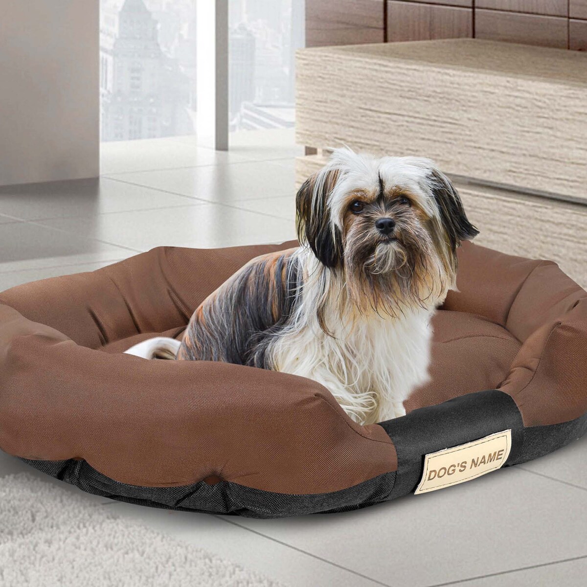 Legowisko Dla Psa 115X95 Cm Z Miejscem Na Imię Wodoodporne Owalne Wygodne Brązowe