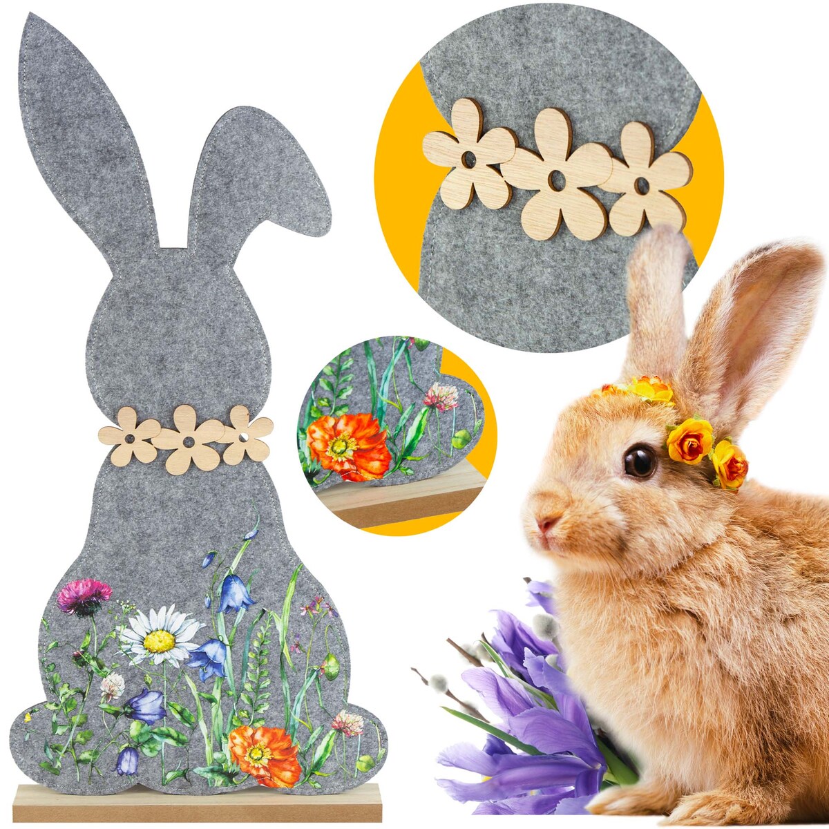 Królik Zajączek Wielkanocny Dekoracja Stojąca Ozdoba Drewniana Podstawka Ciemnoszary