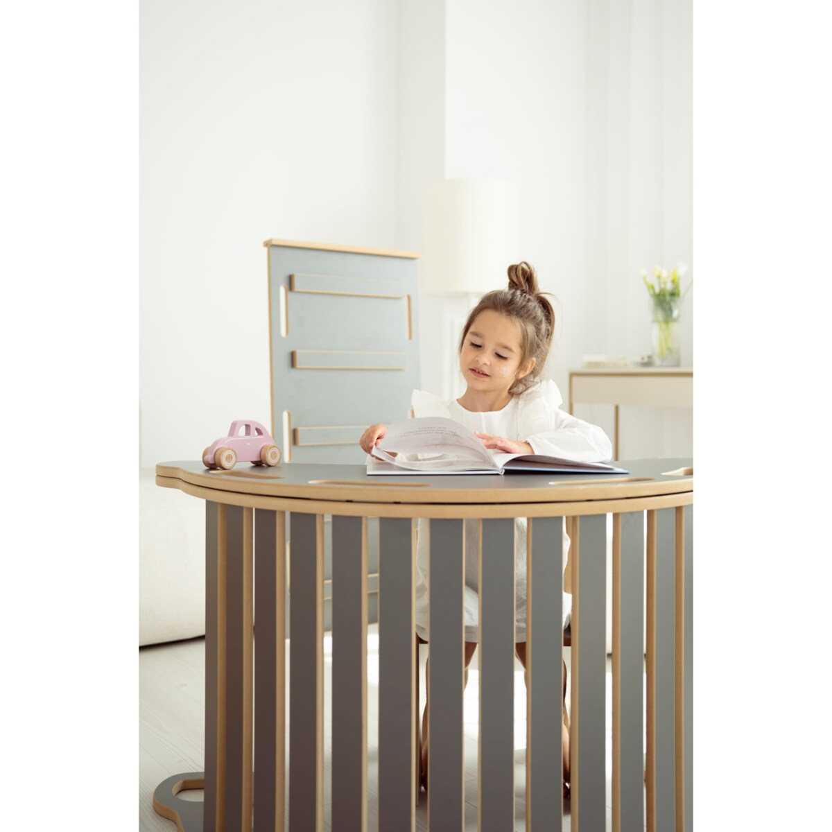 3w1 DUŻY bujak montessori z uchwytami + DUŻA zjeżdżalnia DRABINKA + blat - szary