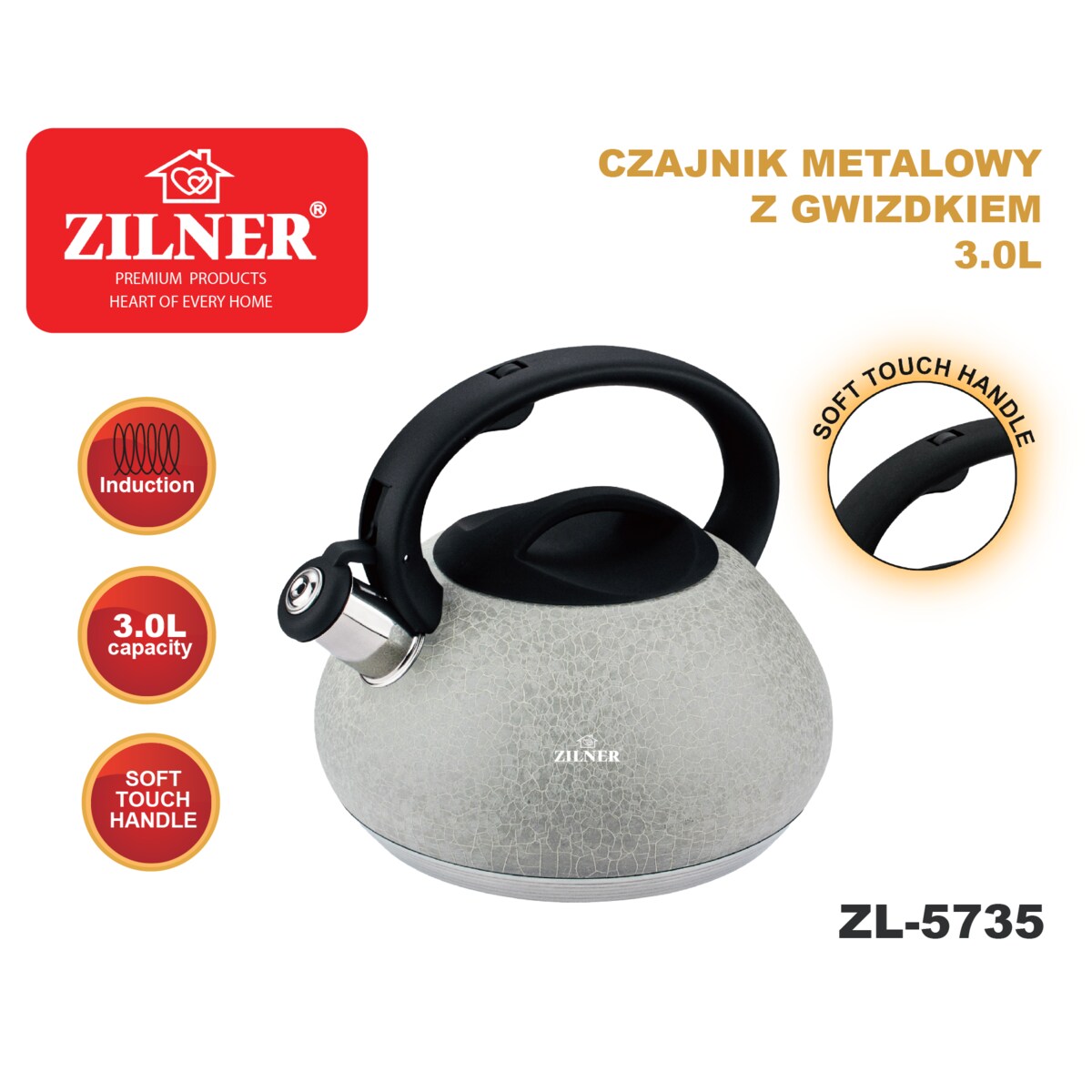 Czajnik na gaz 3L tradycyjny z gwizdkiem indukcja szary matowy ZILNER