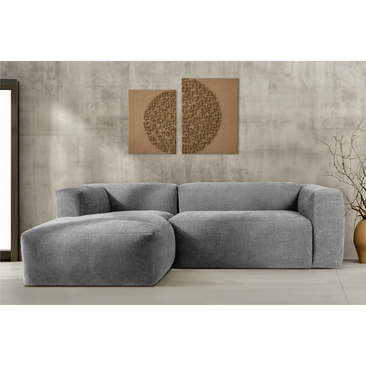 KONSIMO BUFFO Narożnik lewy 3/4-osobowy z wyjątkowo miękkim siedziskiem, kolor jasny popielaty