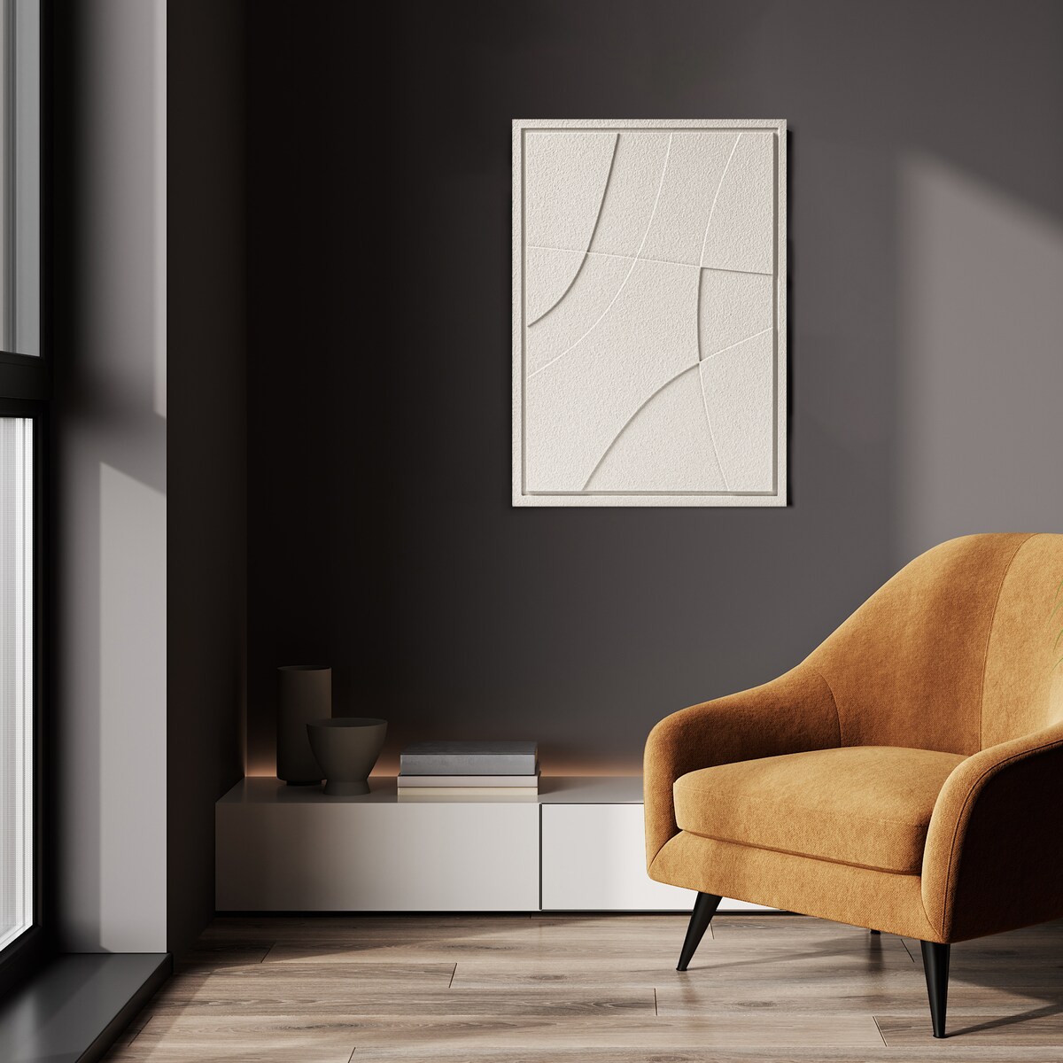 Obraz 3D 50x70cm Abstract II – Dekoracja Ścienna z Tynku Naturalnego, Natural Cream Minimalistyczny Relief