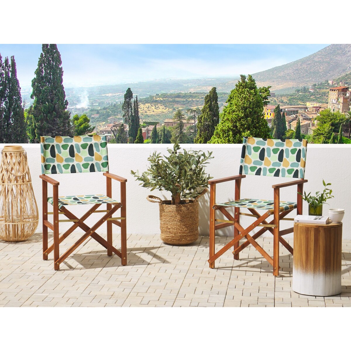 Zestaw 2 krzeseł ogrodowych akacjowy ciemne drewno z szarym / wzór w plamy CINE