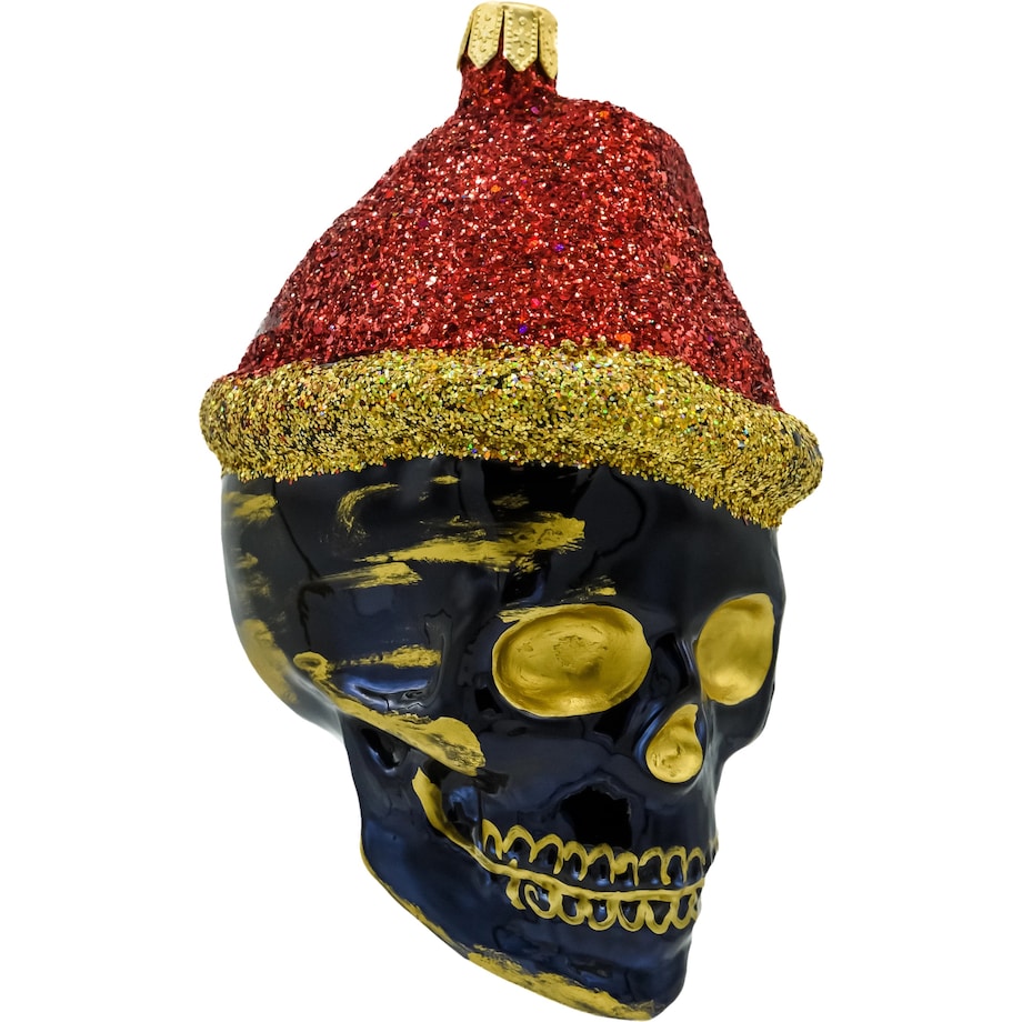 Bombka choinkowa: Czaszka w czapce świętego Mikołaja z złotymi akcentami