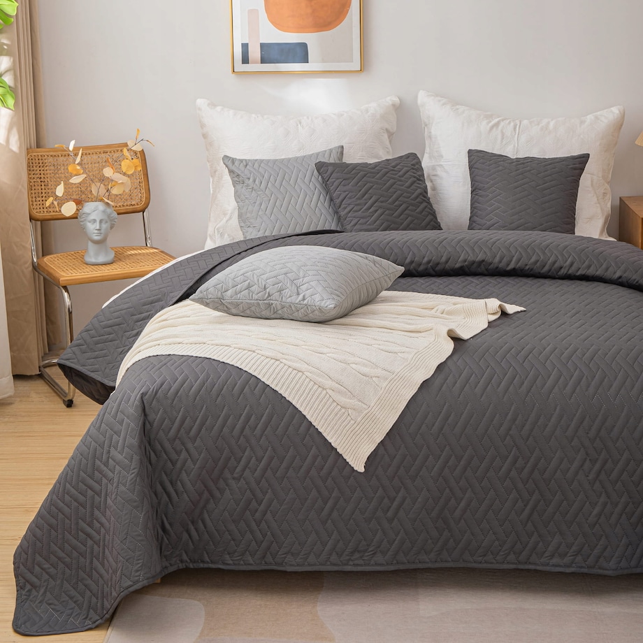 Narzuta na Łóżko 240 x 220 Pikowana Dash Grafitowa Dwustronna Jednokolorowa