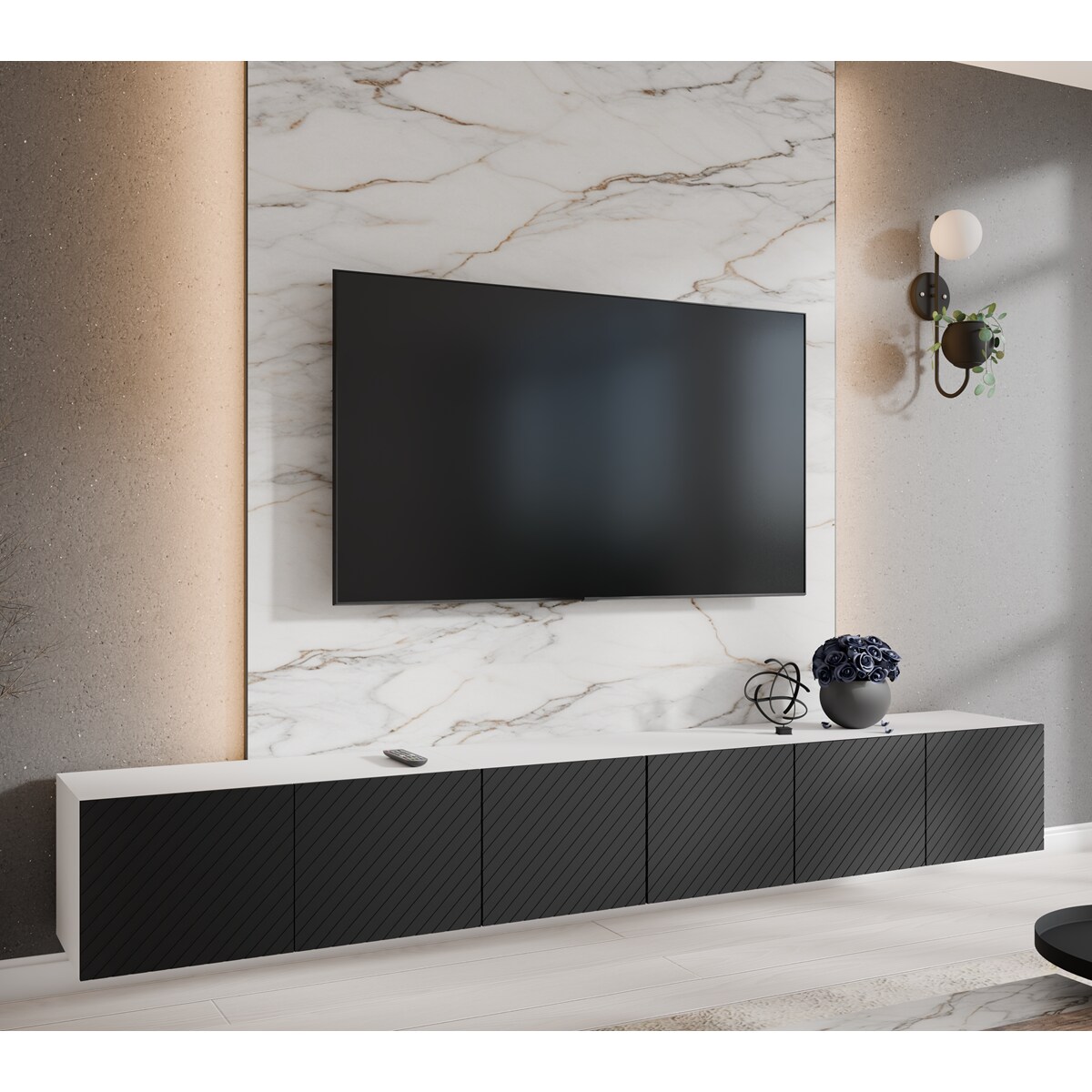 Szafka RTV NIKOL 300 pod telewizor,frezowane fronty, zamknięta-czarna+biały