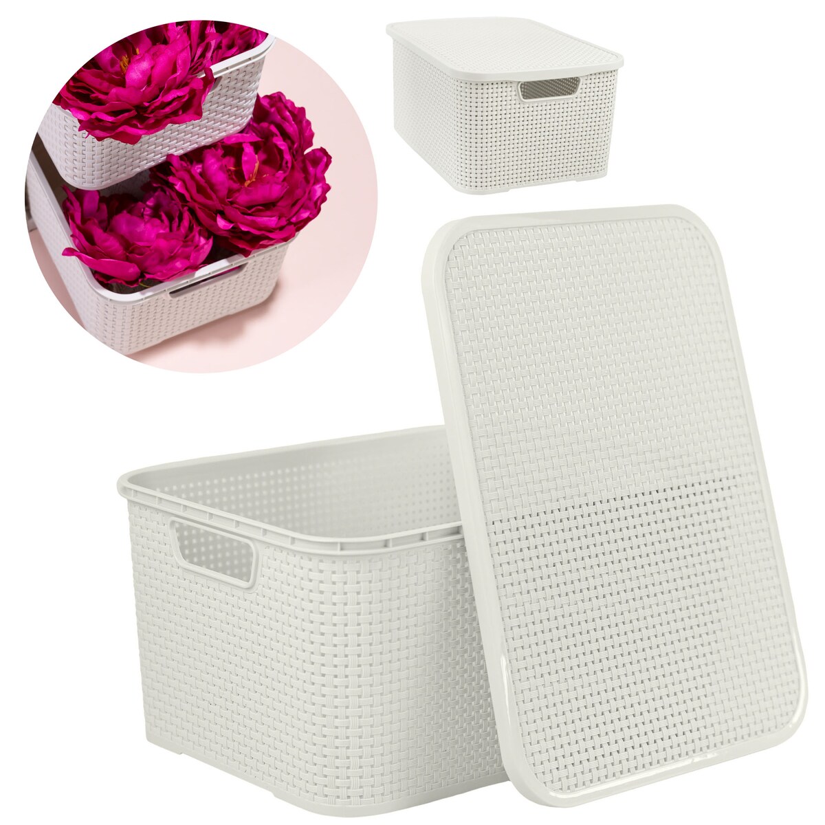 Koszyk Pojemnik Rattanowy Z Pokrywą Na Drobiazgi Kosmetyki Łazienkowy 19L Biały