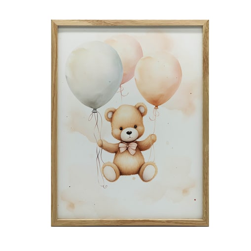 Miś w Balonowej Podróży, 30x40 cm, rama drewniana jasny dąb, papier matowy 230 gsm