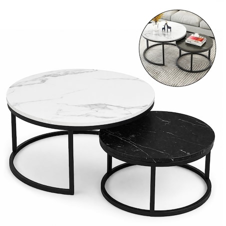 Zestaw okrągłych stolików kawowych 2w1 biało czarny marmur 60 i 80 cm STL14BCZ