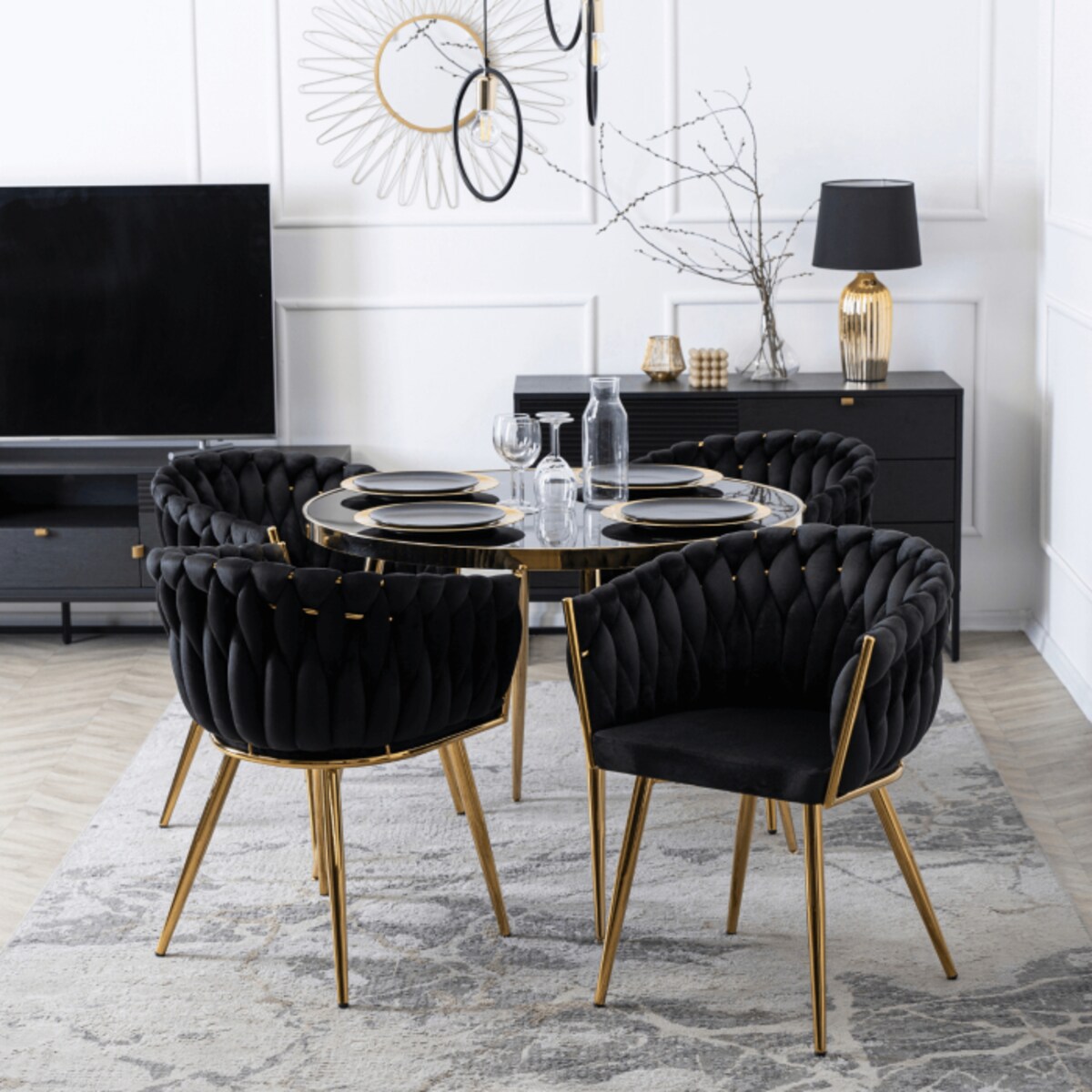 Krzesło Tapicerowane Glamour CAPI Plecione Czarne Do Salonu