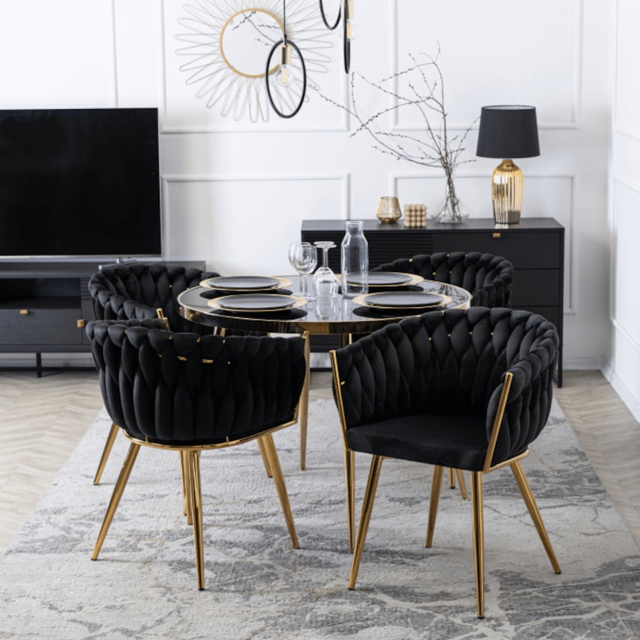 Krzesło Tapicerowane Glamour CAPI Plecione Czarne Do Salonu