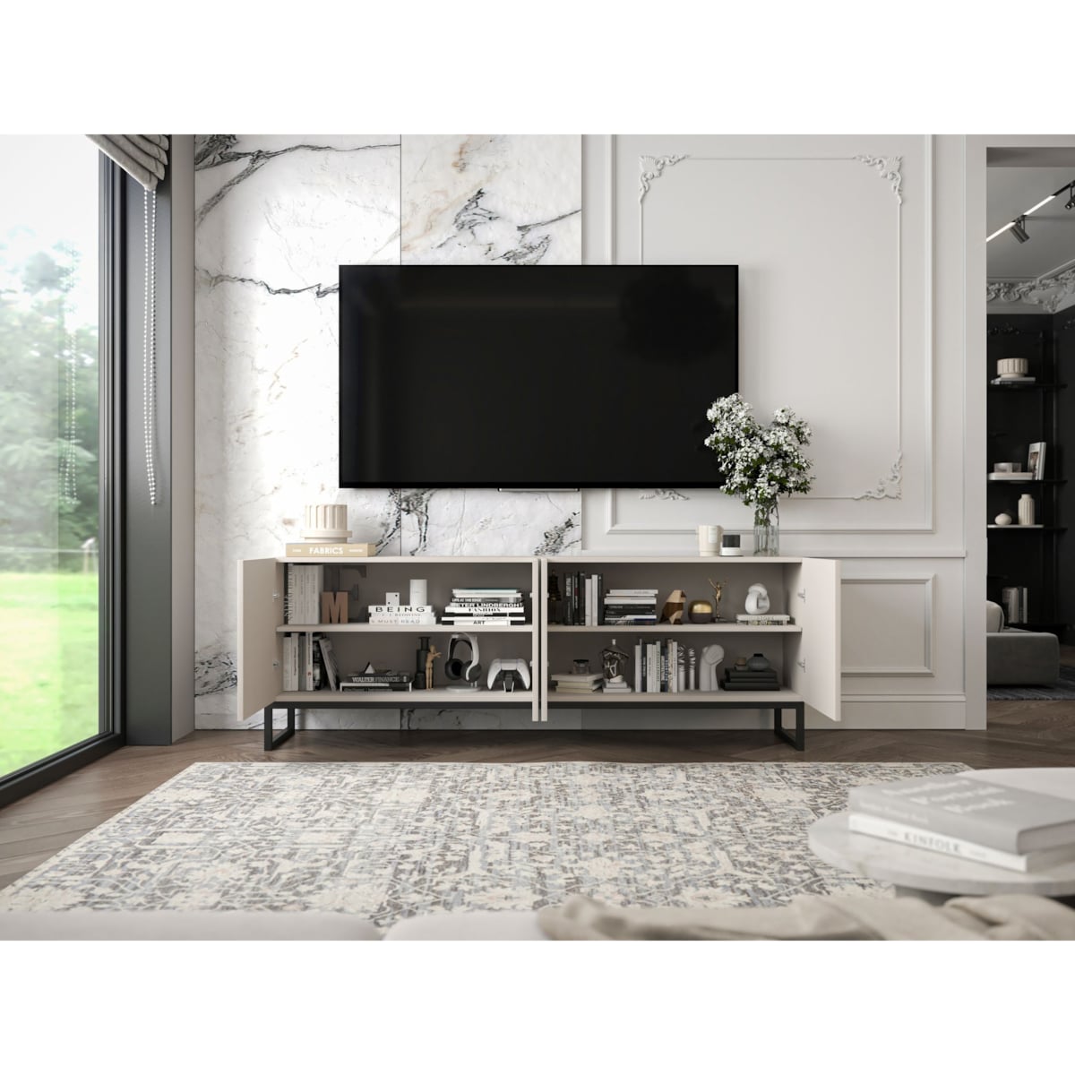 Szafka RTV Kaszmir Mat Nowoczesna Komoda RTV Loft Ryflowane Fronty Glamour 150 cm