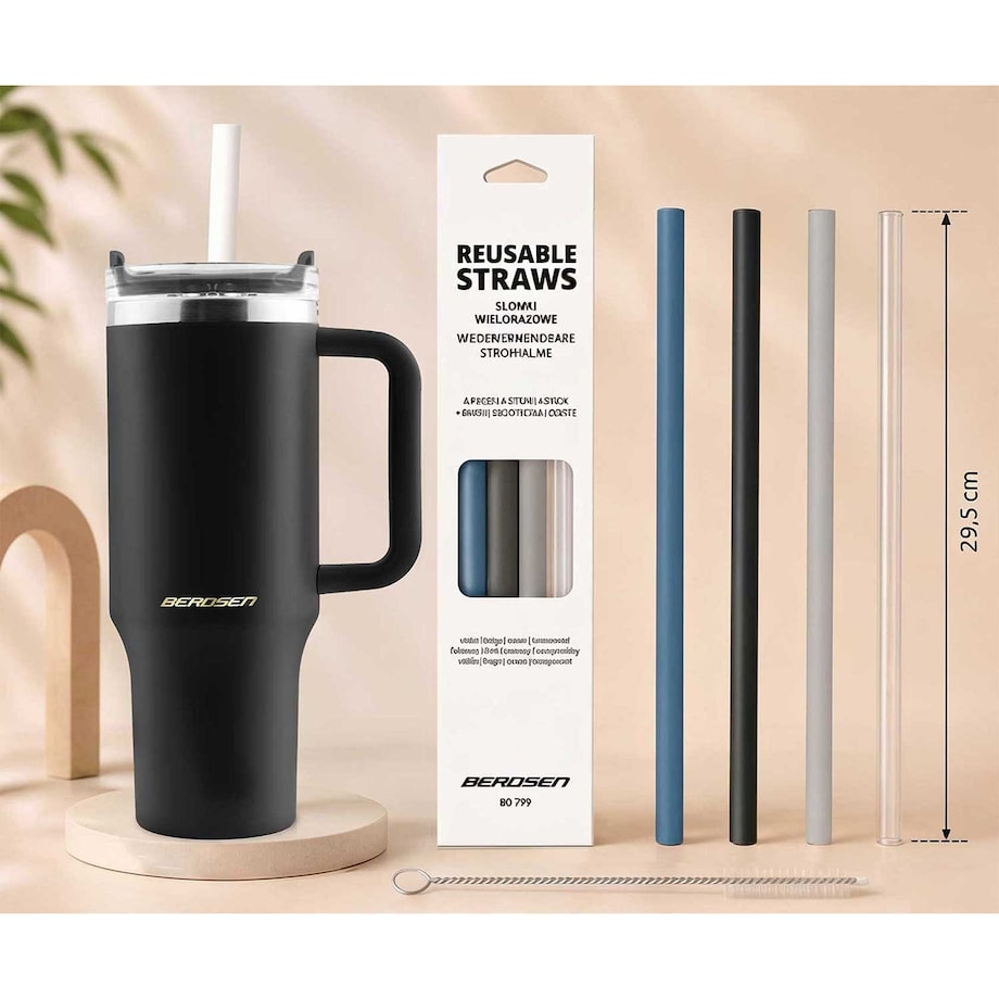 Kubek termiczny Berdsen czarny 1180ml stal nierdzewna zimne ciepłe napoje + zestaw słomek