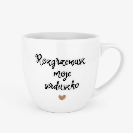 Biały kubek porcelanowy 300 ml „Rozgrzewasz moje serduszko" ze złotym sercem - romantyczny prezent na walentynki, rocznicę, zaręczyny