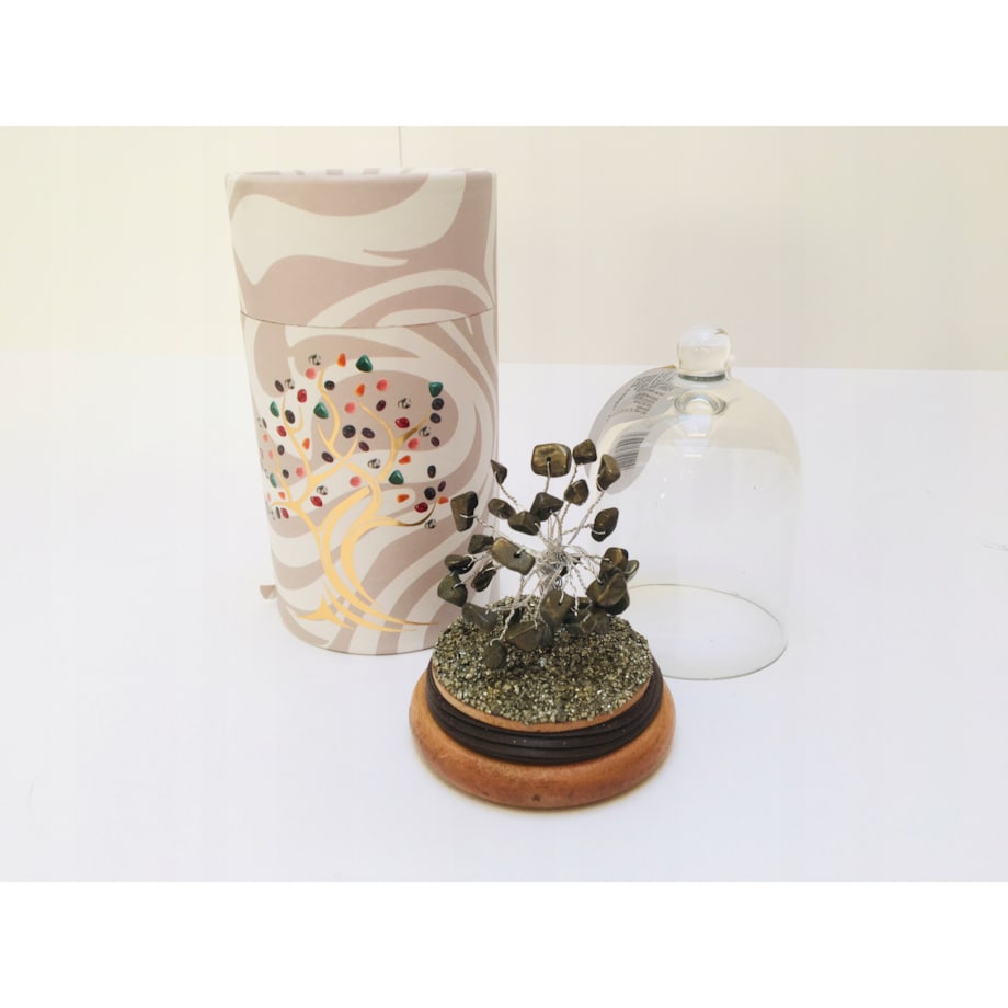 Drzewko KAMIENI z PIRYTU amulet talizman na szczęście w Szklanej Kopule box