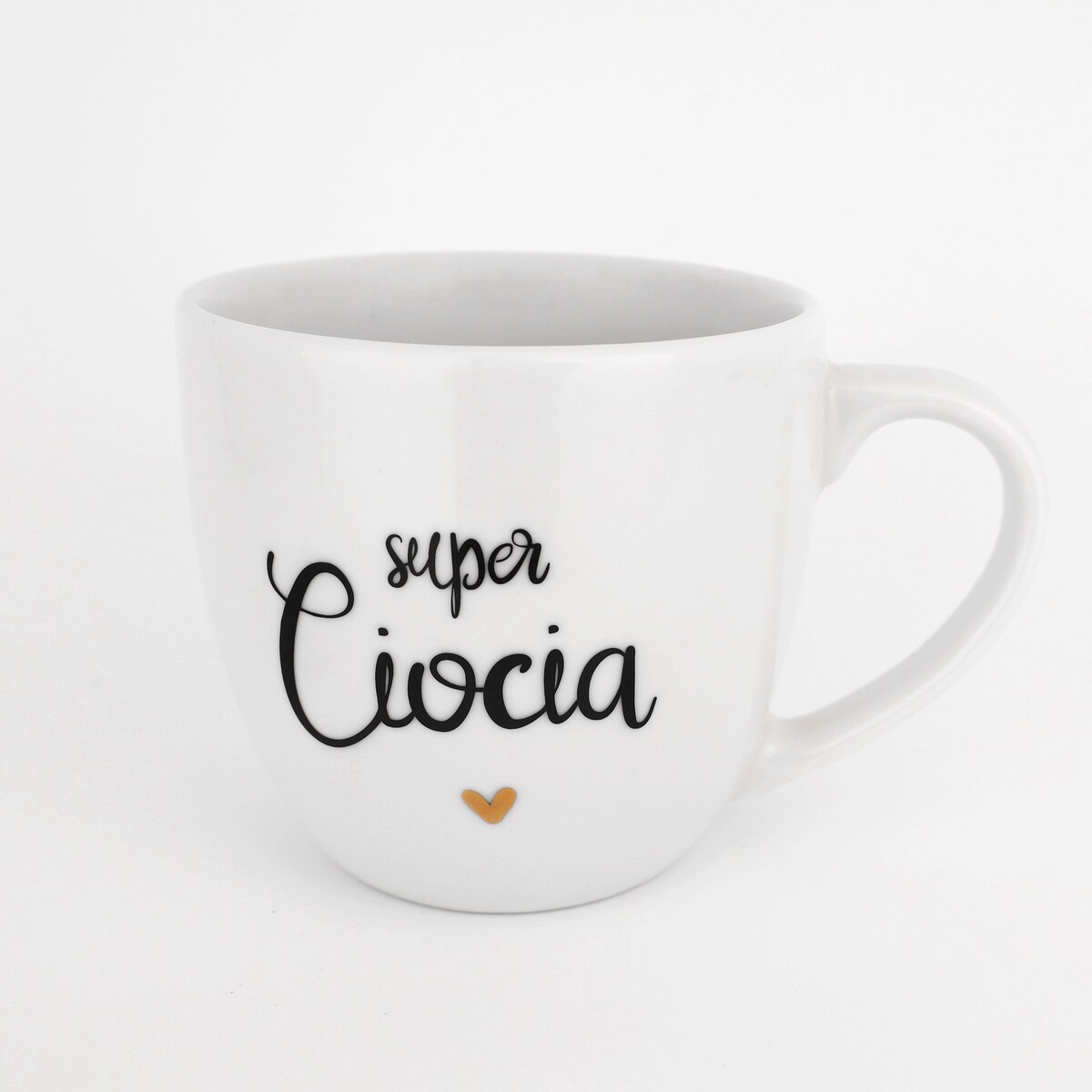 Biały Kubek Porcelanowy 300 ml - Napis Super Ciocia i Złote Serce dla Cioci na Urodziny