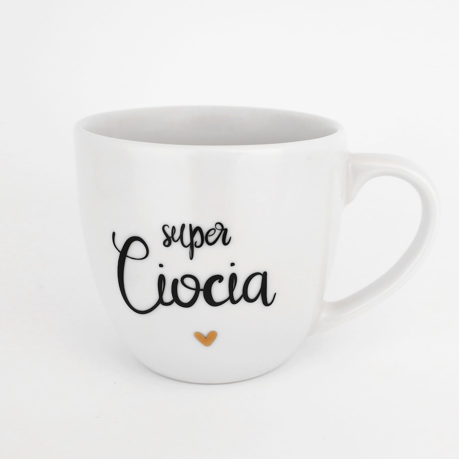 Biały Kubek Porcelanowy 300 ml - Napis Super Ciocia i Złote Serce dla Cioci na Urodziny