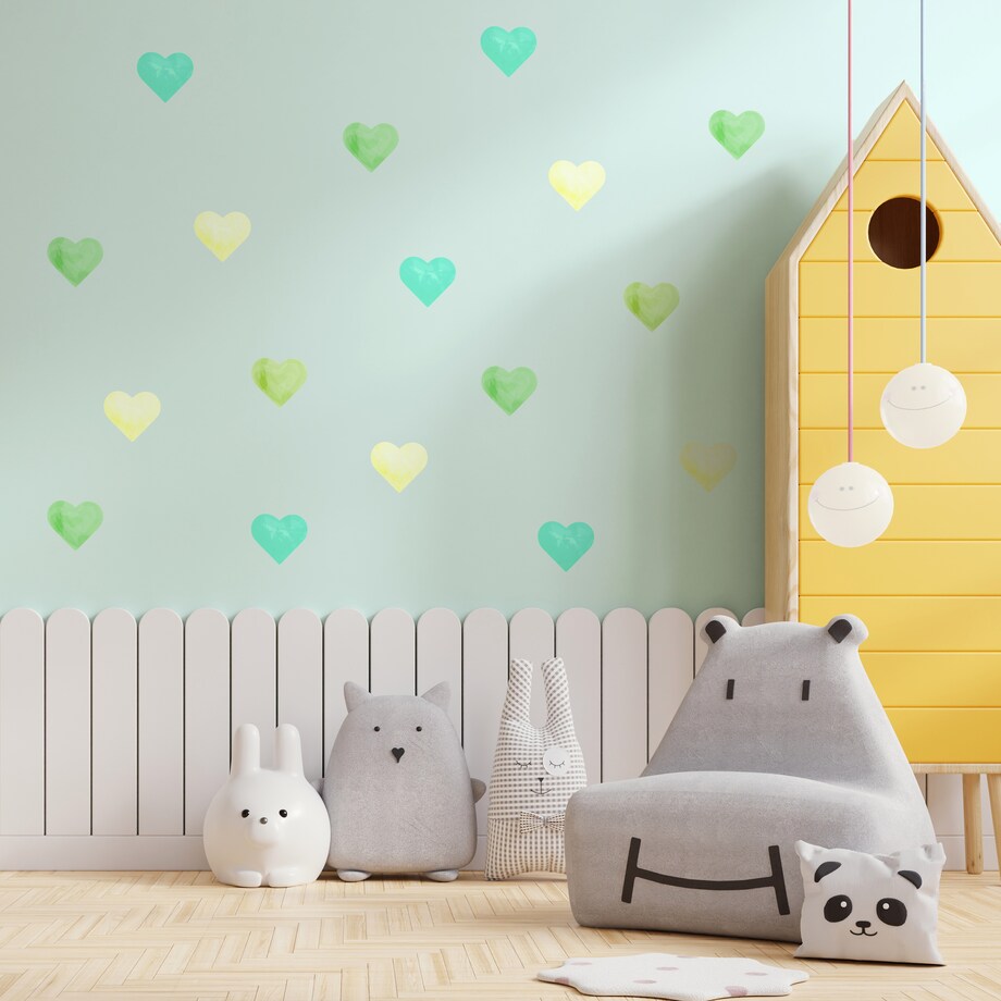 Naklejki Na Ścianę Dla Dzieci Akwarelowe SERDUSZKA Zielone Serca ZESTAW