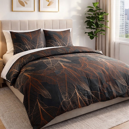Pościel bawełniana 140x200 Carmela ciemno szara w miedziane liście, Cottonlove