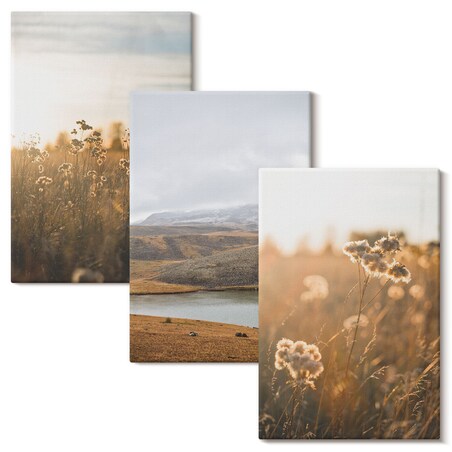 Zestaw 3 małych obrazów na płótnie - Krajobrazy łąki góry jezioro - brązowy