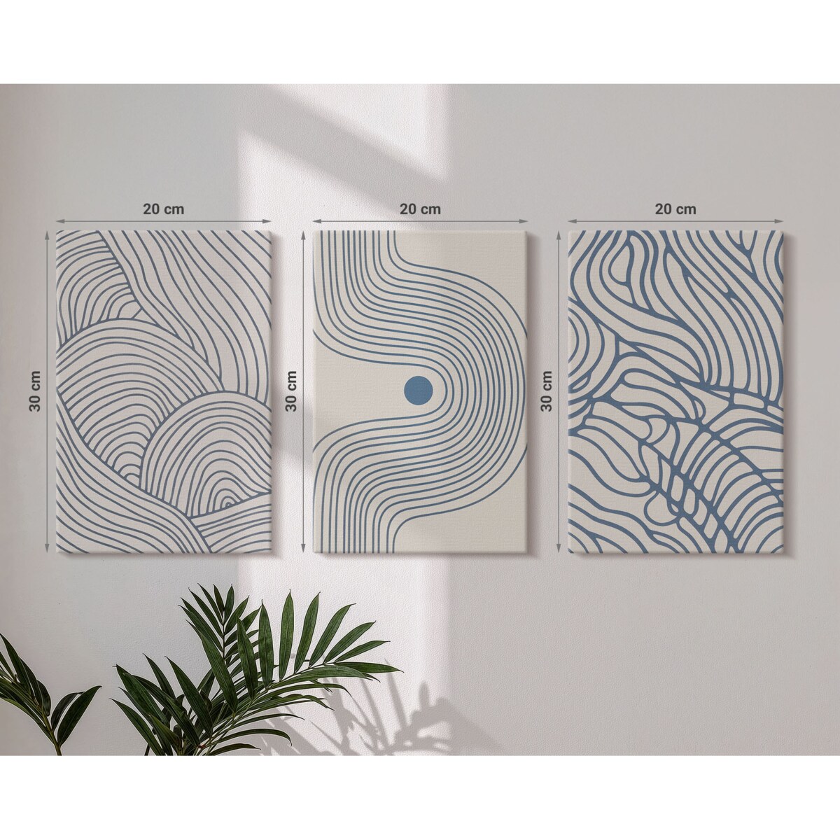 Zestaw 3 małych obrazów na płótnie - Abstrakcyjne linie fale kształty - niebieski