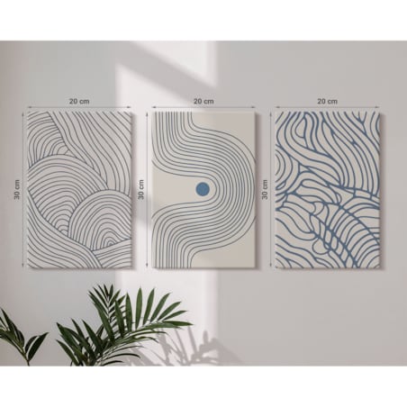 Zestaw 3 małych obrazów na płótnie - Abstrakcyjne linie fale kształty - niebieski