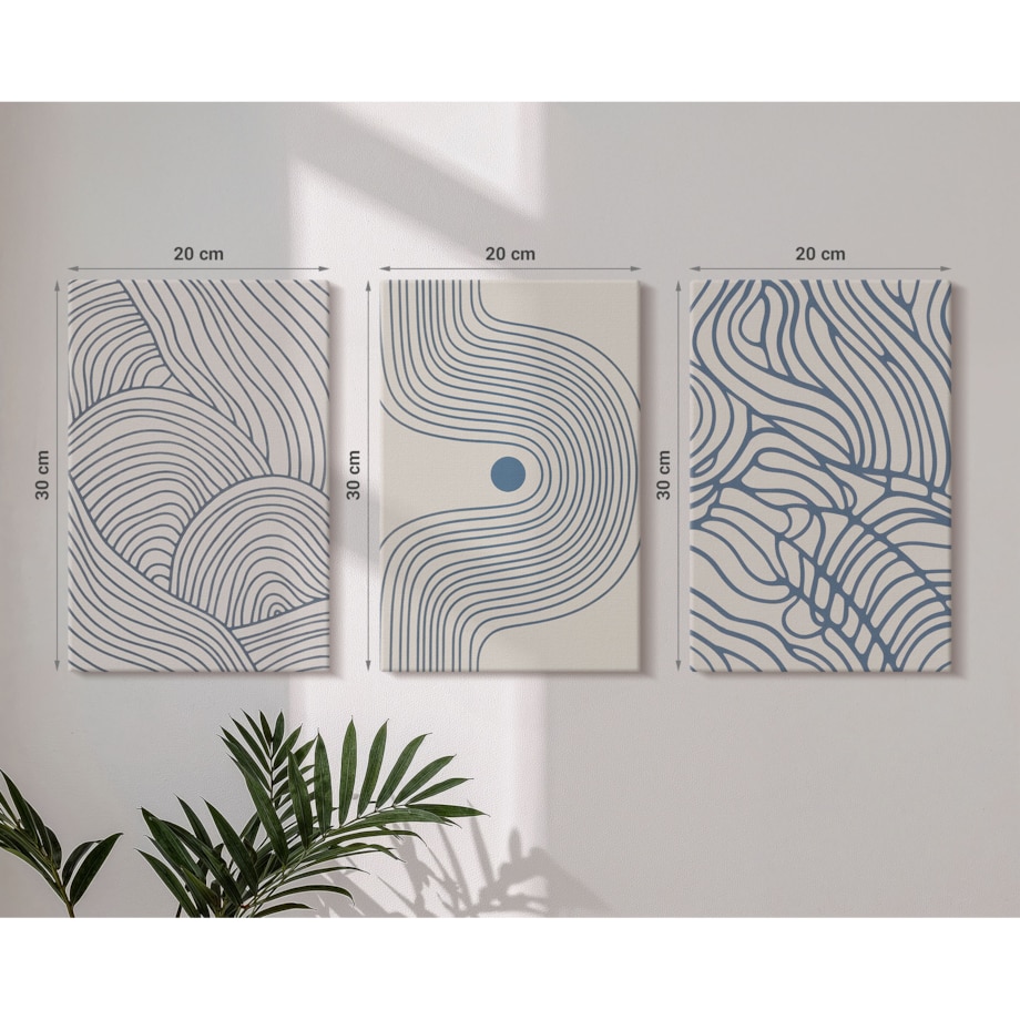 Zestaw 3 małych obrazów na płótnie - Abstrakcyjne linie fale kształty - niebieski