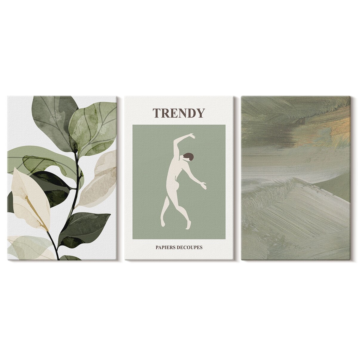Zestaw 3 dużych obrazów na płótnie - Roślinne wzory sylwetki abstrakcji - zielony