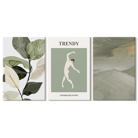Zestaw 3 dużych obrazów na płótnie - Roślinne wzory sylwetki abstrakcji - zielony