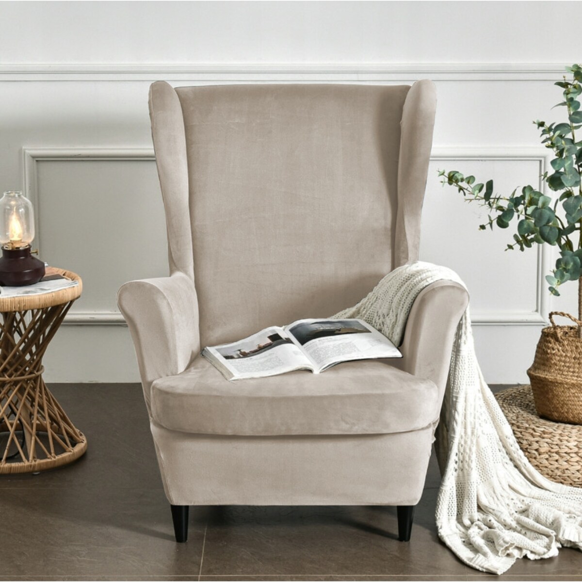 POKROWIEC NA FOTEL USZAK CHŁODNY BEŻ WELUR ELASTYCZNY [22E12]