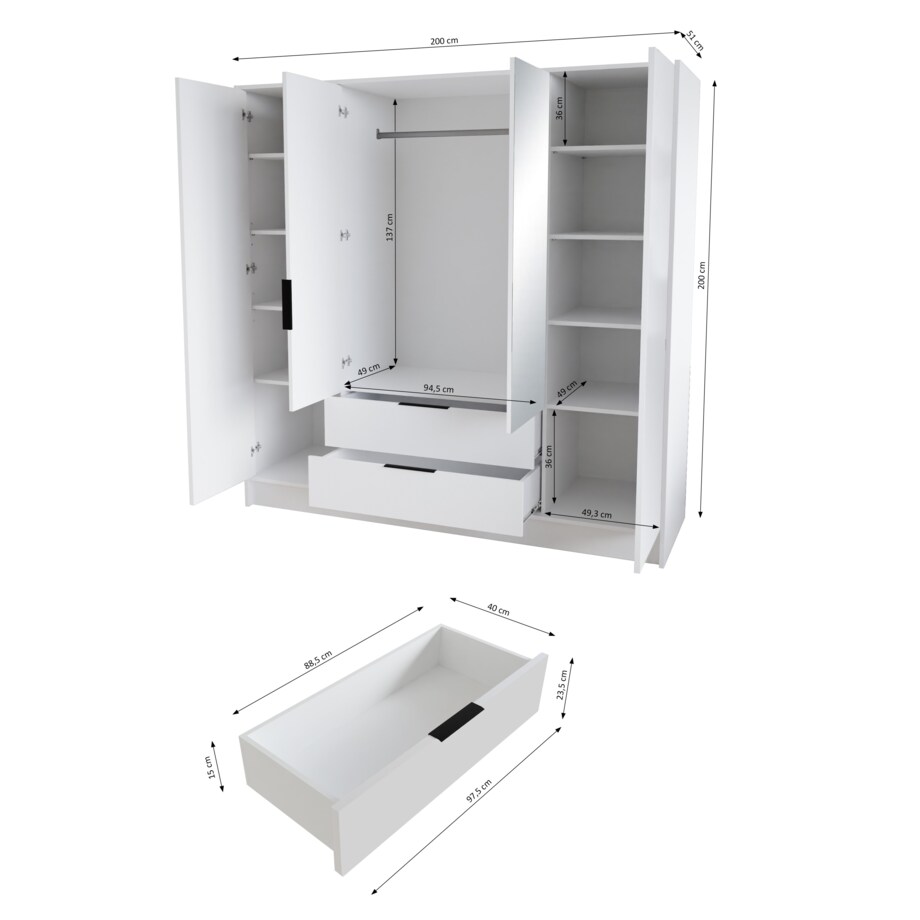 Szafa NIKOLA 200 z lustrem i regulowanymi półkami -czarna+biały front