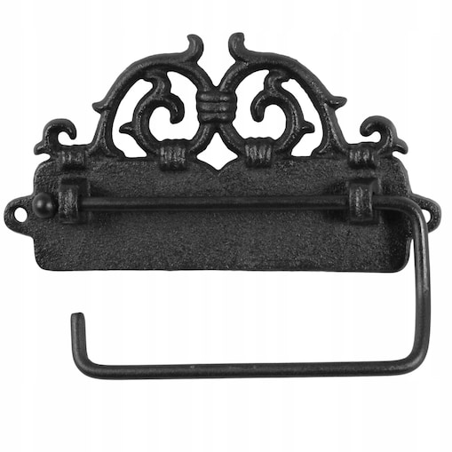 CZARNY UCHWYT NA PAPIER TOALETOWY ŻELIWNY ŚCIENNY WISZĄCY SOLIDNY STOJAK