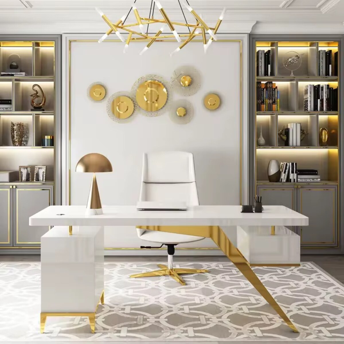 Nowoczesne białe złote biurko ze stali nierdzewnej do gabinetu Prima Premium 160x70x75 LUXURY