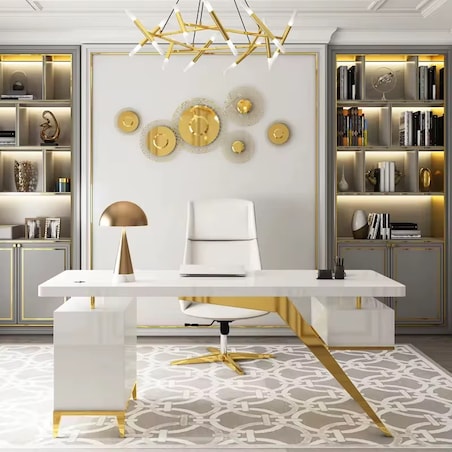 Nowoczesne białe złote biurko ze stali nierdzewnej do gabinetu Prima Premium 160x70x75 LUXURY