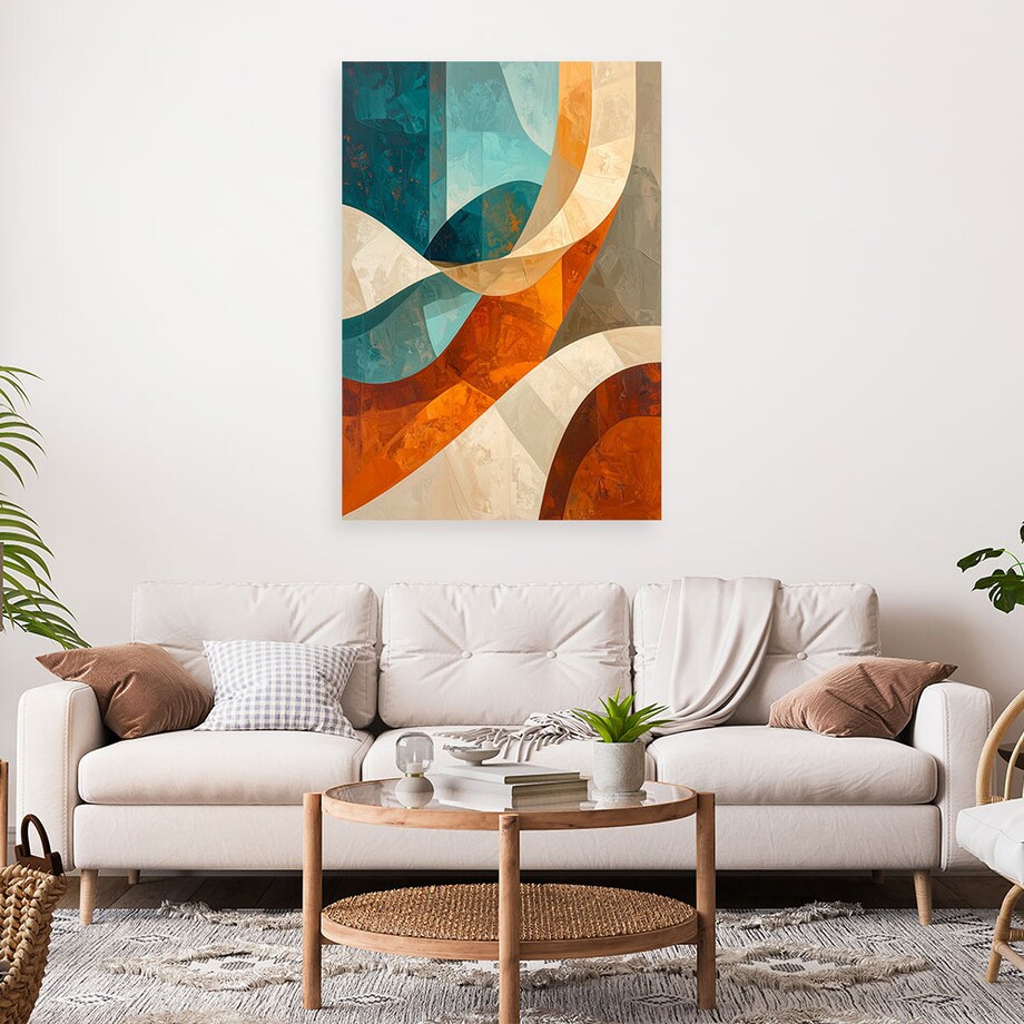 Obraz do salonu sypialni biura loftu, Abstrakcja linie kształty beżowy turkusowy