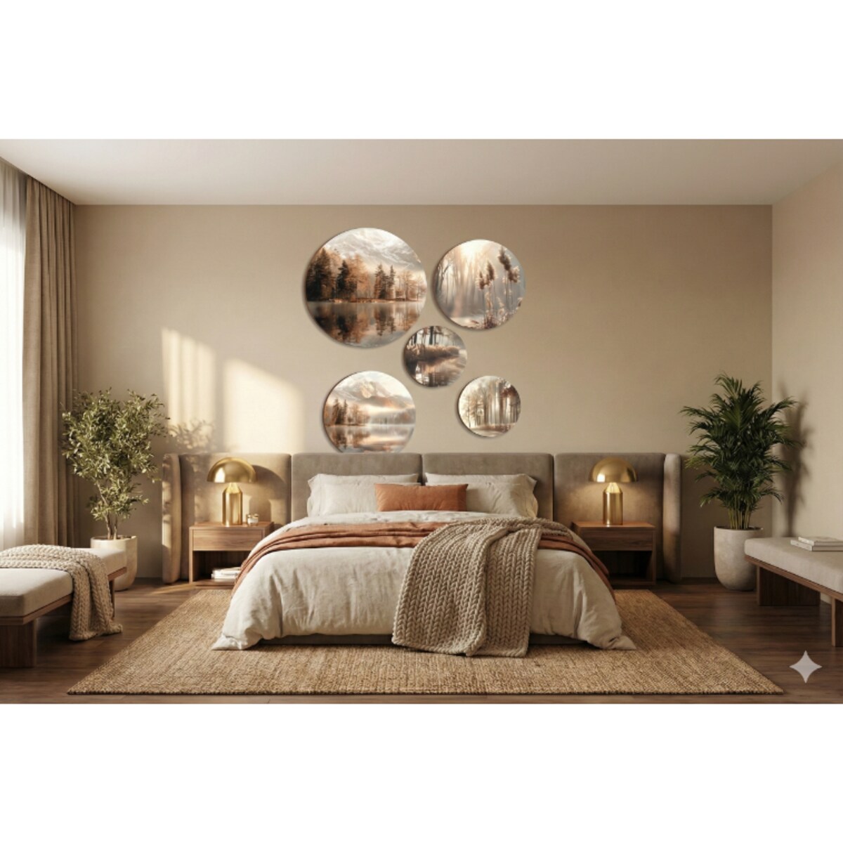 Obrazy Okrągłe na ścianę Beżowy Zestaw Boho do sypialni pokoju salonu