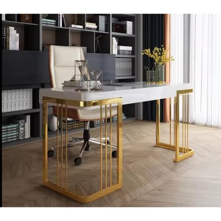 Nowoczesne białe złote biurko do gabinetu / do biura ze stali nierdzewnej Luxury Premium 140x70x75 / 2 szuflady