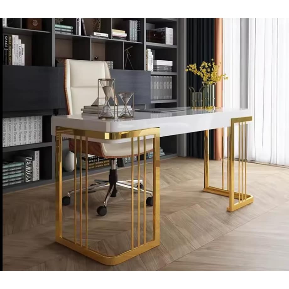 Nowoczesne białe złote biurko do gabinetu / do biura ze stali nierdzewnej Luxury Premium 140x70x75 / 2 szuflady