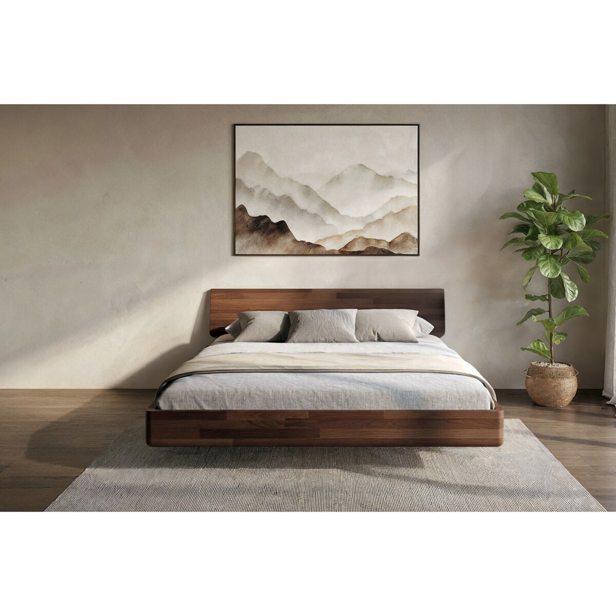 Łóżko lewitujące drewniane bukowe Visby LENA bez szafek / 160x200 cm, kolor orzech