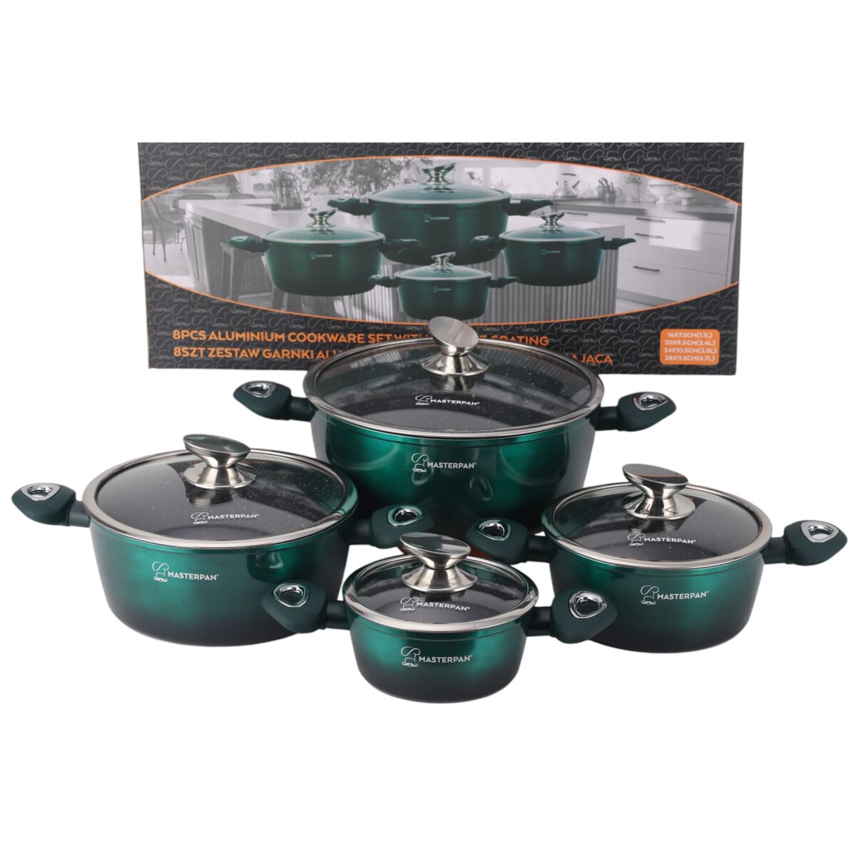 Zestaw Garnków Marmurowych 8 El. 16-28 Cm Indukcja Gaz Elektryczna Zielone